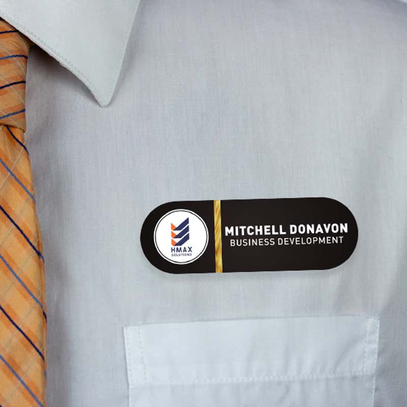 1" x 3" UV Printed Full Color Upload Your Logo Name Tag on Rounded Corner Black Gradient Background with Gold Stripe on White Shirt with Tie