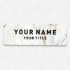 1" x 3" UV Printed Full Color Name Tag on Elegant Marble Background with Bold Custom Text on White Shirt