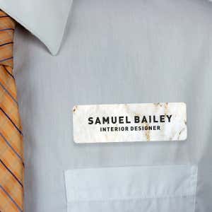 1" x 3" UV Printed Full Color Name Tag on Elegant Marble Background with Bold Custom Text on White Shirt with Tie