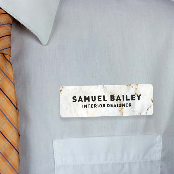 1" x 3" UV Printed Full Color Name Tag on Elegant Marble Background with Bold Custom Text on White Shirt with Tie