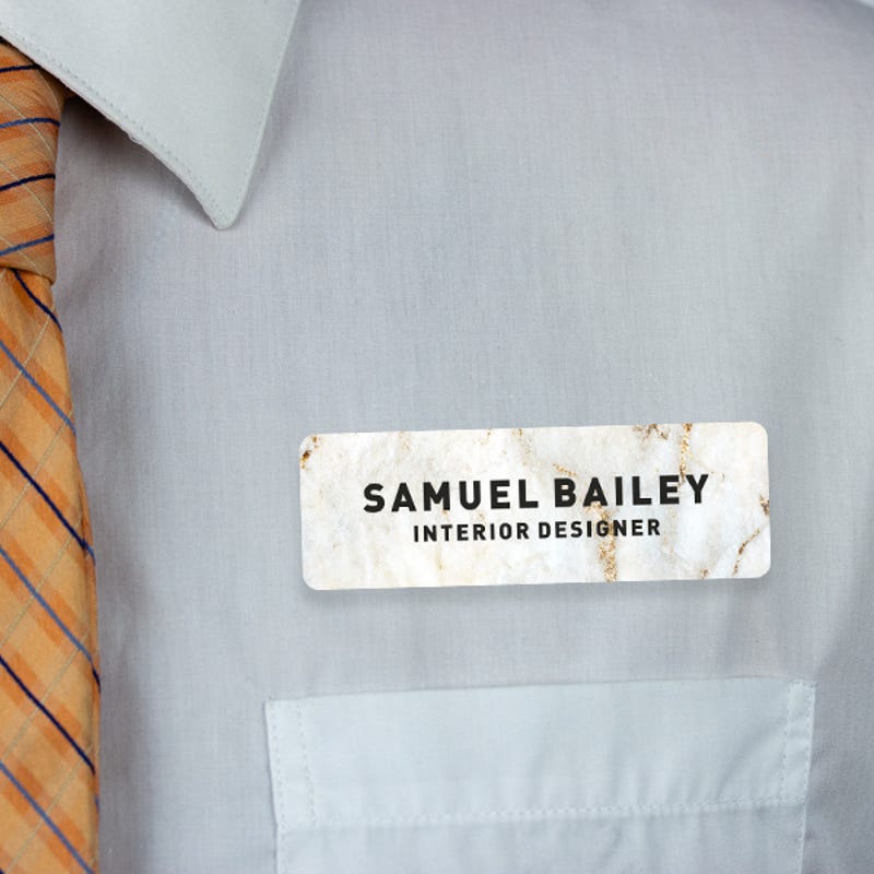 1" x 3" UV Printed Full Color Name Tag on Elegant Marble Background with Bold Custom Text on White Shirt with Tie
