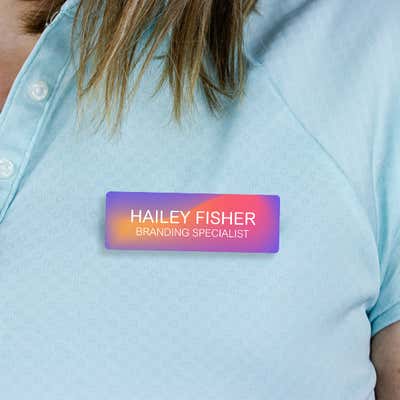 1" x 3" UV Printed Full Color Name Tag on Modern Purple Gradient Background - alternate view