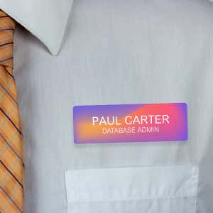 1" x 3" UV Printed Full Color Name Tag on Modern Purple Gradient Background on White Shirt with Tie