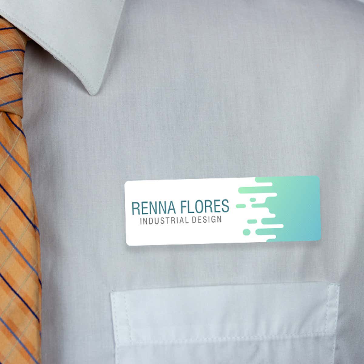 1" x 3" UV Printed Full Color Name Tag with Wave Pattern and Bold Condensed Custom Text on White Shirt with Tie