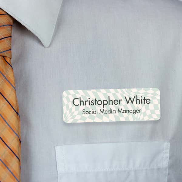 1" x 3" UV Printed Full Color Name Tag on Wave Checkered Pattern Background on White Shirt with Tie