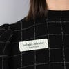 1" x 3" UV Printed Full Color Name Tag on Wave Checkered Pattern Background on Black Blouse