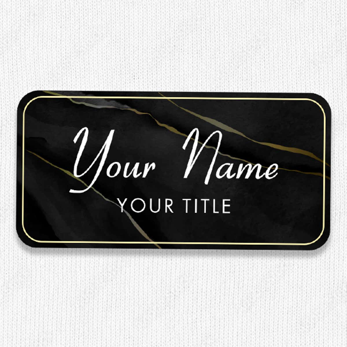 1.5" x 3" UV Printed Full Color Name Tag on Black and Marble Background on White Shirt