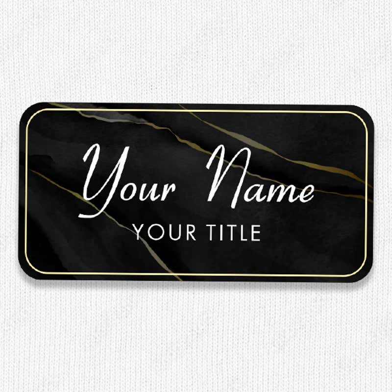 1.5" x 3" UV Printed Full Color Name Tag on Black and Marble Background on White Shirt