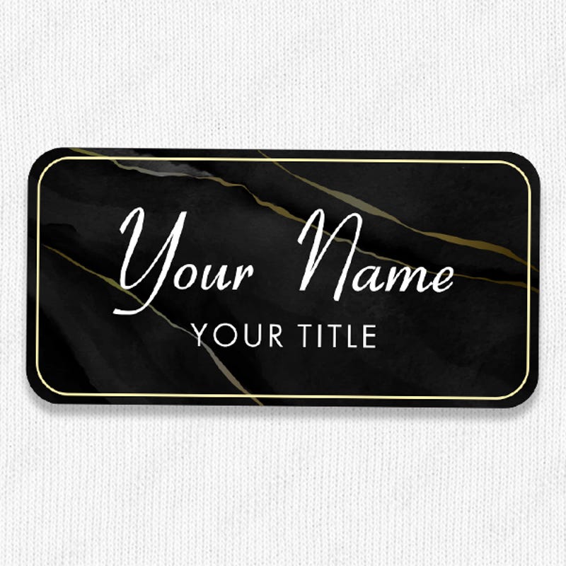 1.5" x 3" UV Printed Full Color Name Tag on Black and Marble Background on White Shirt