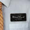 1.5" x 3" UV Printed Full Color Name Tag on Black and Marble Background on White Shirt with Tie