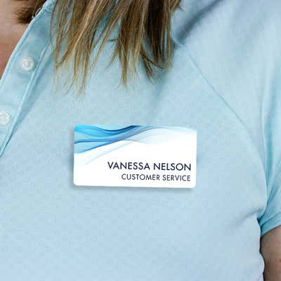 1.5" x 3" UV Printed Full Color Name Tag on Corporate Blue Wave Background - alternate view