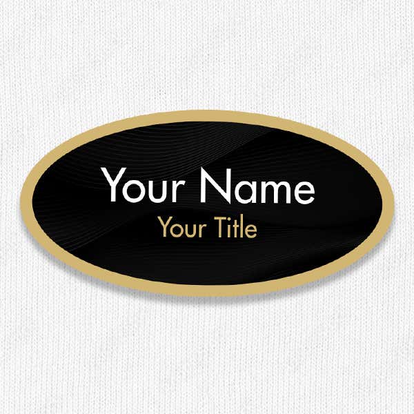 1.5" x 3" UV Printed Full Color Oval Name Tag on Corporate Black Background with Gold Outline on White Shirt