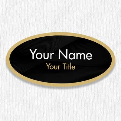 1.5" x 3" UV Printed Full Color Oval Name Tag on Corporate Black Background with Gold Outline - alternate view