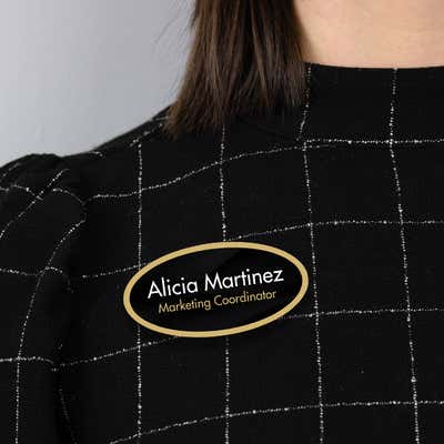 1.5" x 3" UV Printed Full Color Oval Name Tag on Corporate Black Background with Gold Outline - alternate view
