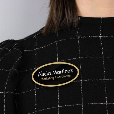 1.5" x 3" UV Printed Full Color Oval Name Tag on Corporate Black Background with Gold Outline - alternate view