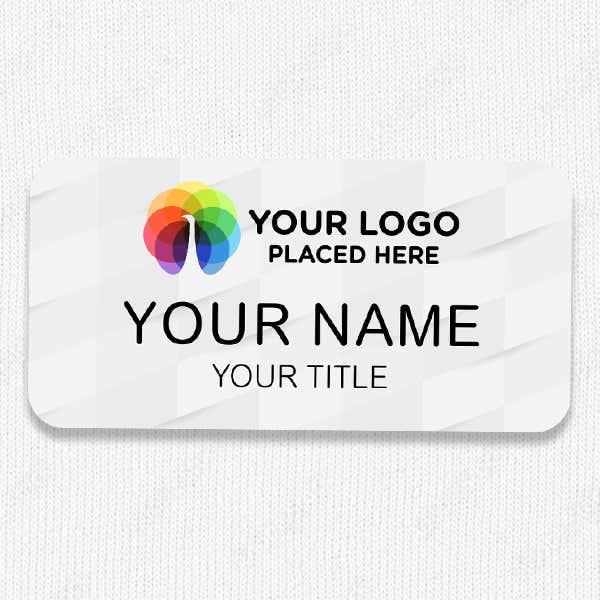 1.5" x 3" UV Printed Full Color Upload Your Logo Hello My Name Is Name Tag on Modern Background with Gold Detail on White Shirt