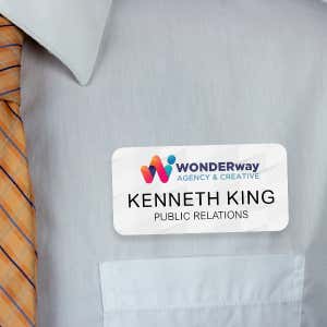 1.5" x 3" UV Printed Full Color Upload Your Logo Hello My Name Is Name Tag on Modern Background with Gold Detail on White Shirt with Tie