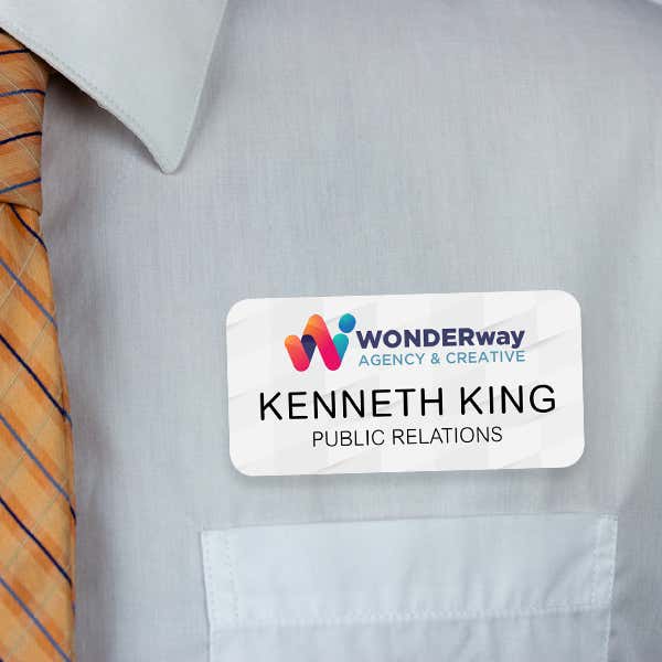 1.5" x 3" UV Printed Full Color Upload Your Logo Hello My Name Is Name Tag on Modern Background with Gold Detail on White Shirt with Tie