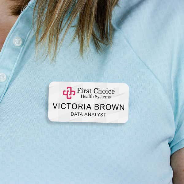 1.5" x 3" UV Printed Full Color Upload Your Logo Hello My Name Is Name Tag on Modern Background with Gold Detail on Blue Polo Shirt
