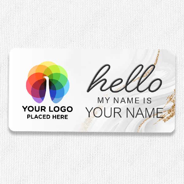 1.5" x 3" UV Printed Full Color Upload Your Logo Hello My Name Is Name Tag on Modern Background with Gold Detail