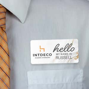 1.5" x 3" UV Printed Full Color Upload Your Logo Hello My Name Is Name Tag on Modern Background with Gold Detail on White Shirt with Tie