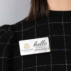 1.5" x 3" UV Printed Full Color Upload Your Logo Hello My Name Is Name Tag on Modern Background with Gold Detail on Black Blouse