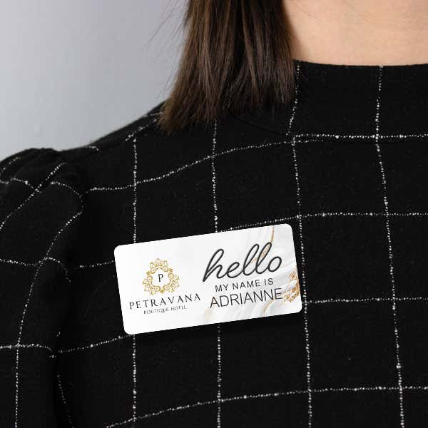 1.5" x 3" UV Printed Full Color Upload Your Logo Hello My Name Is Name Tag on Modern Background with Gold Detail on Black Blouse