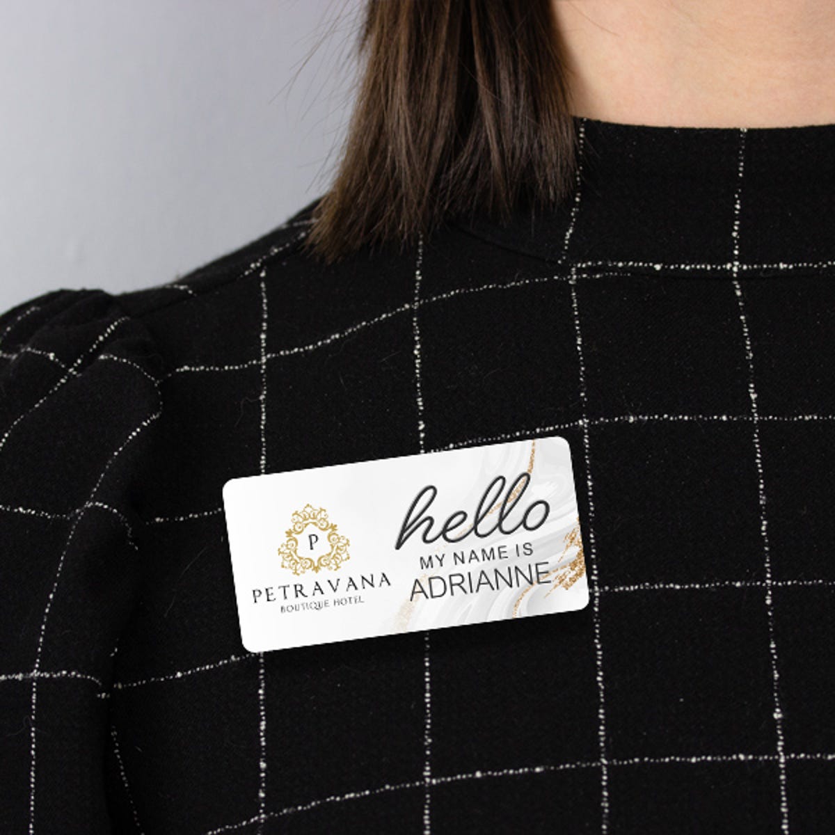 1.5" x 3" UV Printed Full Color Upload Your Logo Hello My Name Is Name Tag on Modern Background with Gold Detail on Black Blouse