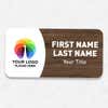 1.5" x 3" UV Printed Full Color Upload Your Logo Name Tag with Printed Walnut Wood Pattern on White Shirt