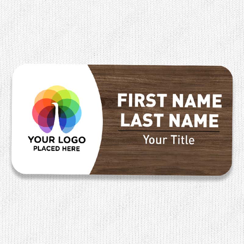 1.5" x 3" UV Printed Full Color Upload Your Logo Name Tag with Printed Walnut Wood Pattern on White Shirt