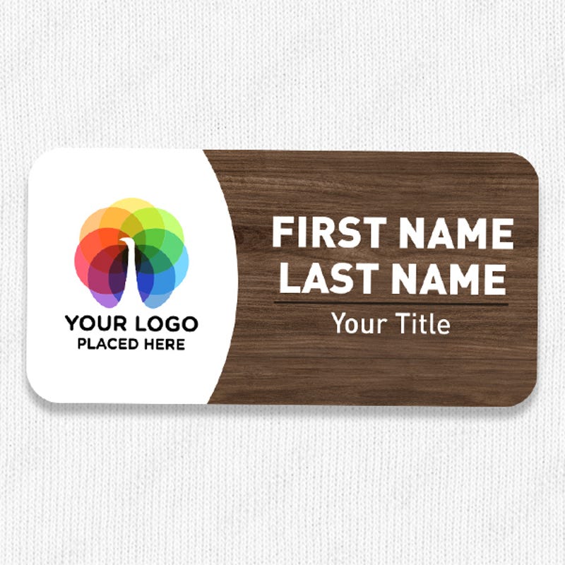 1.5" x 3" UV Printed Full Color Upload Your Logo Name Tag with Printed Walnut Wood Pattern on White Shirt