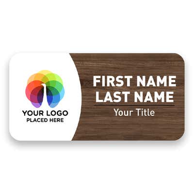 1.5 x 3 inch UV Printed Full Color Upload Your Logo Name Tag with Printed Walnut Wood Pattern on White Background