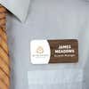 1.5" x 3" UV Printed Full Color Upload Your Logo Name Tag with Printed Walnut Wood Pattern on White Shirt with Tie
