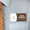 1.5" x 3" UV Printed Full Color Upload Your Logo Name Tag with Printed Walnut Wood Pattern on White Shirt with Tie
